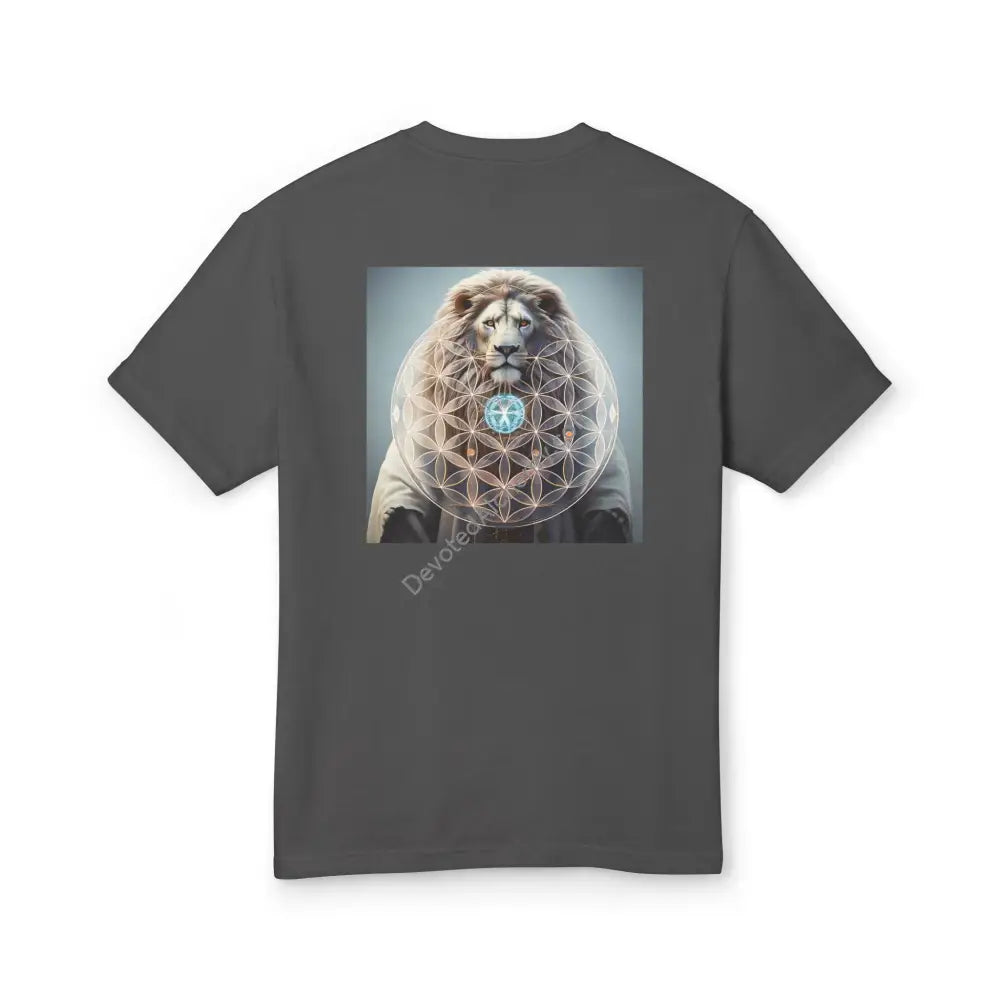 Lion Spirit Flower Of Life Heavyweight Cotton Tee - Unisex T-Shirt With Unique Design Faded Black /